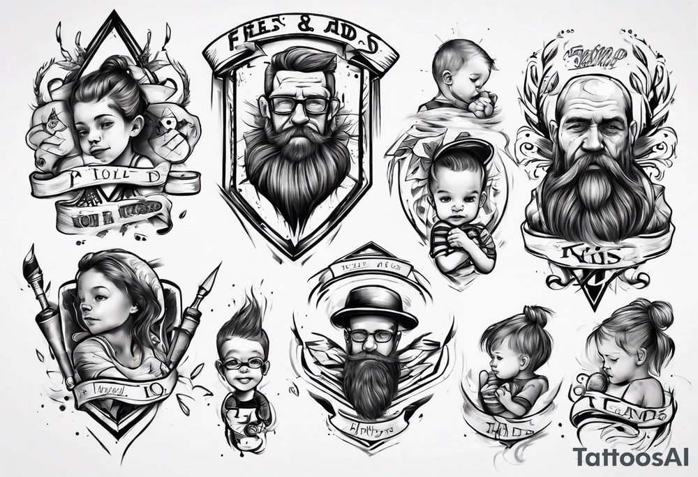 Father and kids tattoo with names of kids tattoo idea