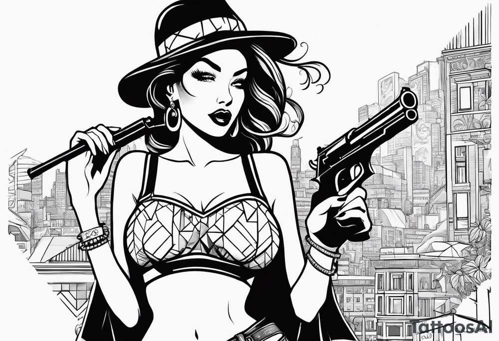 sexy lady holding a gun in mini shorts and bra blowing the gun while it’s smoking, the words “lady killer” beside it, a y2k inspired tattoo tattoo idea