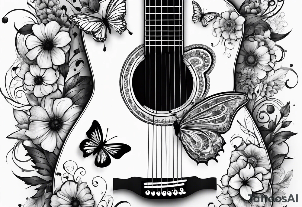 Whole electric acoustic Guitar in shape with flowers growing off the side, butterflies tattoo idea