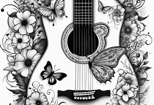 Whole electric acoustic Guitar in shape with flowers growing off the side, butterflies tattoo idea