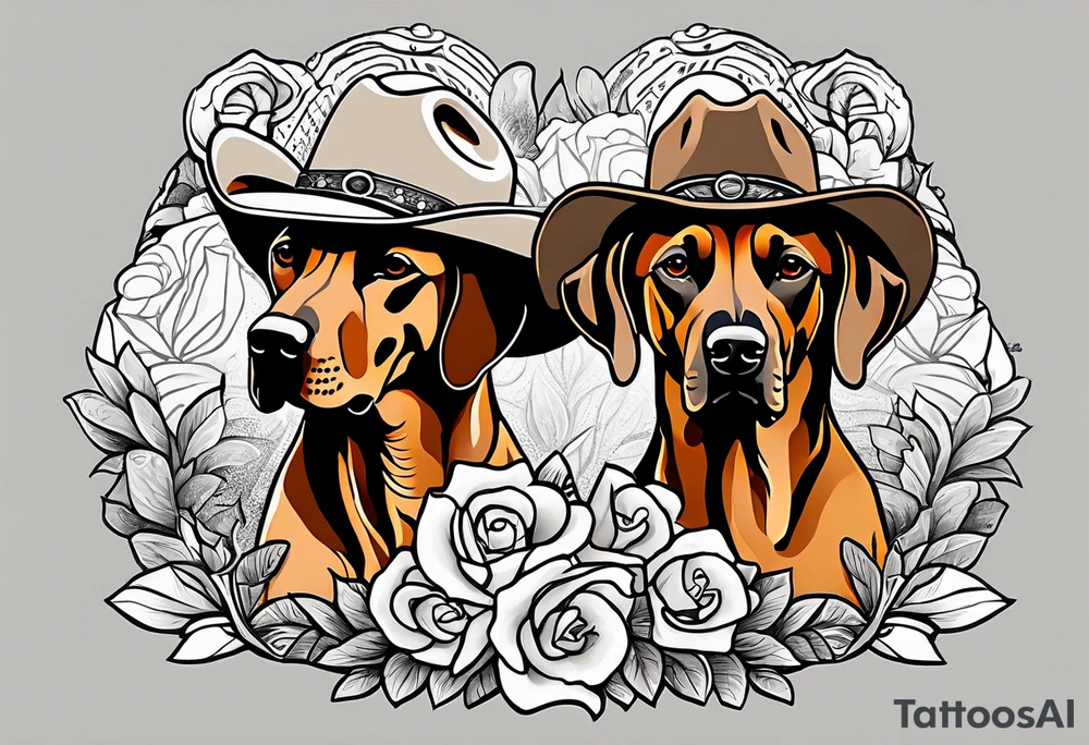 Two Rhodesian ridgebacks wearing a cowboy hat with flowers in the background tattoo idea