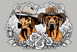 Two Rhodesian ridgebacks wearing a cowboy hat with flowers in the background tattoo idea