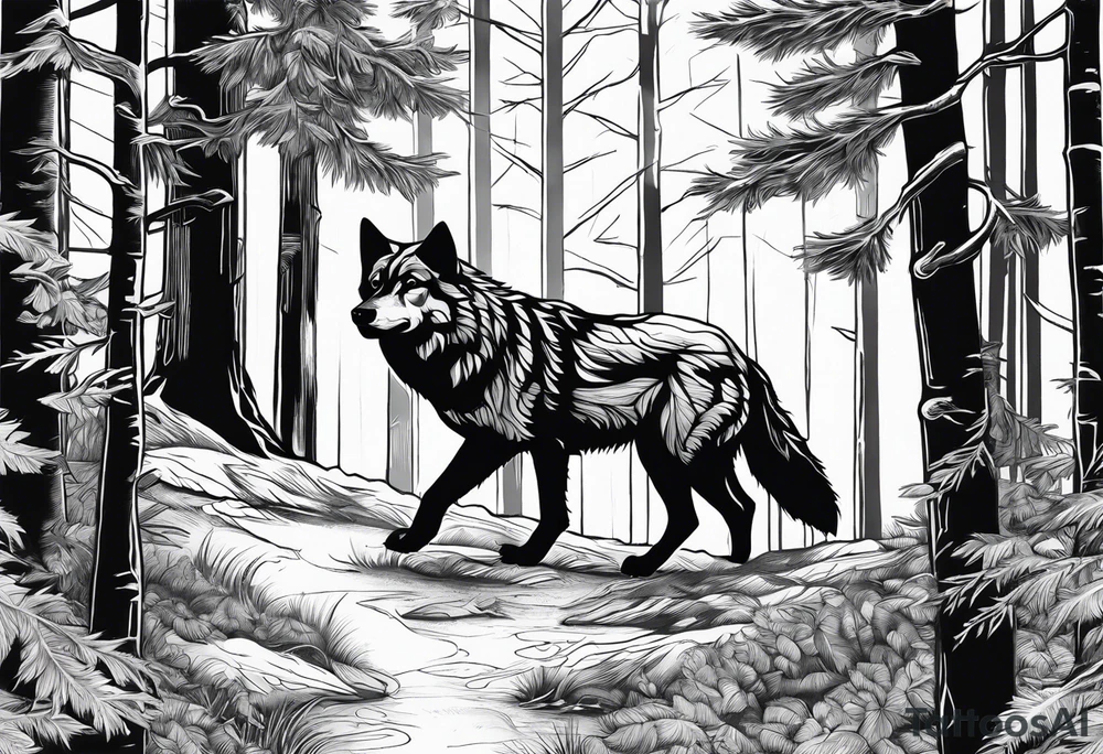 Forest with a wolf stalking tattoo idea