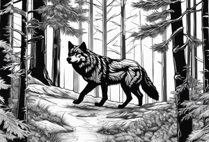 Forest with a wolf stalking tattoo idea