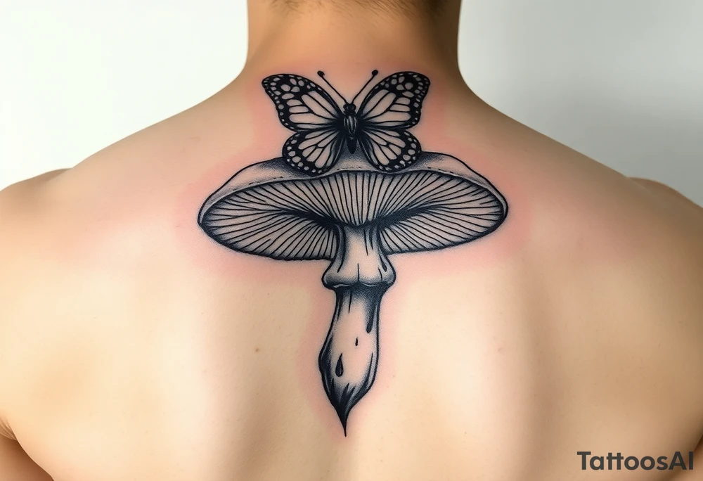 mushroom with butterlys above it tattoo idea