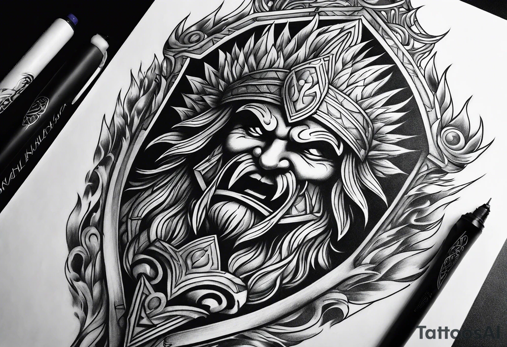 Valhalla sword shield fire fog tattoo idea