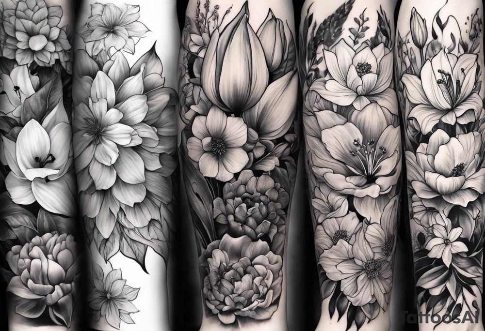 Verticle arm placement of HydrANGEAS, TULIPS, LILLIES, DRAGONflower, with wildflowers, poppy, complimentary flowers, bees, peony, forearm tattoo idea