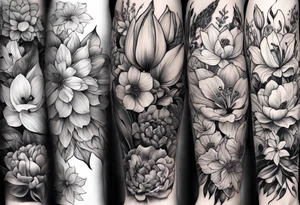 Verticle arm placement of HydrANGEAS, TULIPS, LILLIES, DRAGONflower, with wildflowers, poppy, complimentary flowers, bees, peony, forearm tattoo idea