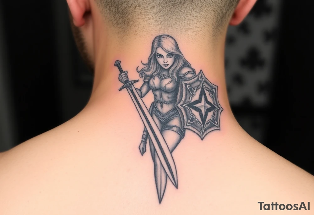blonde valkyrie with sword and shield -- location calf -- image should show entire body of the valkyrie -- she should have large breasts and beautiful yet tough -- full color, realistic, should have breast armor, less cartoony more realistic, should -- full color-- 
 show her entire body
tattoo located on calf not on back tattoo idea