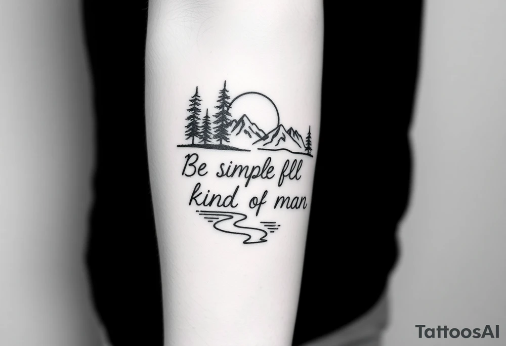 A minimalist tattoo with the words ‘Be a Simple Kind of Man’ in handwritten script, framed by pine trees, mountains, and a rising sun, a river, and moon
Fine line blackwork for the forearm tattoo idea