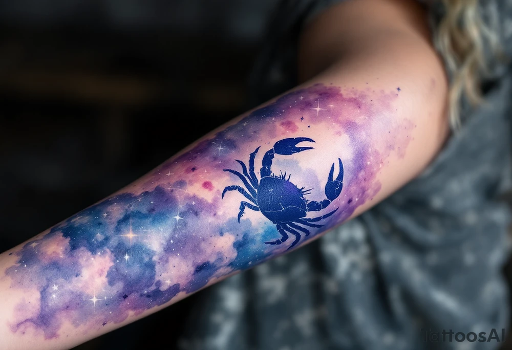 A watercolor nebula in shades of purple and blue cradles the Cancer star constellation and crab silhouette. tattoo idea