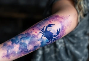 A watercolor nebula in shades of purple and blue cradles the Cancer star constellation and crab silhouette. tattoo idea