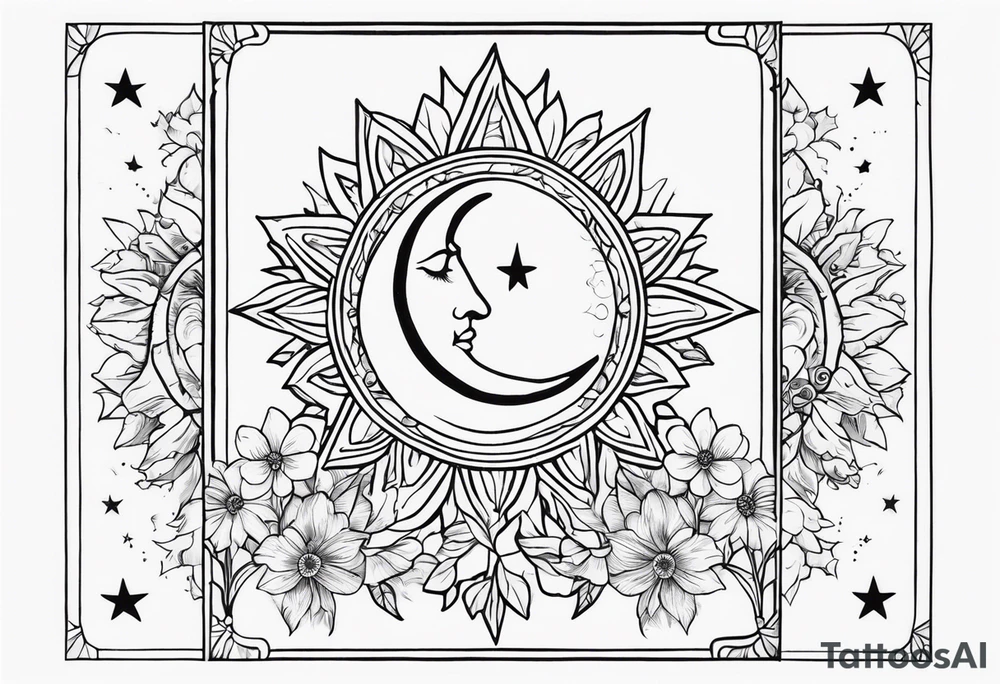 Tarot card whimsy, floral, sun star moon tattoo idea