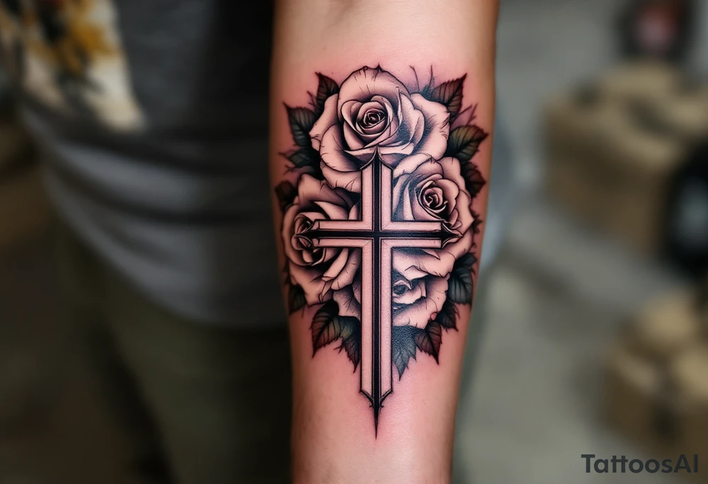 Three Big roses, with a cross outline in the middle tattoo idea