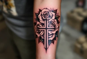 Three Big roses, with a cross outline in the middle tattoo idea