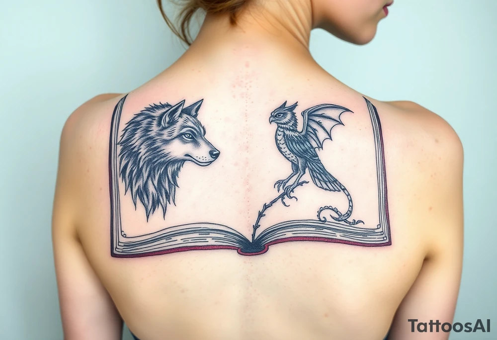 An open book with a werewolf, an owl & a dragon tattoo idea