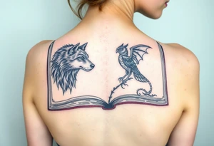 An open book with a werewolf, an owl & a dragon tattoo idea