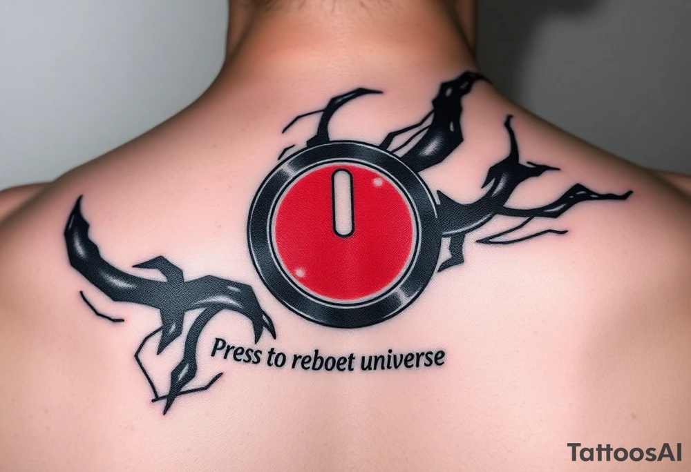 "Hyperrealistic tattoo of a PC power button (1:1 size).  
text: 'Press to reboot universe'.  
Style: Fake 3D, like actual button on skin. Black/red." tattoo idea