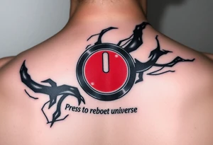 "Hyperrealistic tattoo of a PC power button (1:1 size).  
text: 'Press to reboot universe'.  
Style: Fake 3D, like actual button on skin. Black/red." tattoo idea
