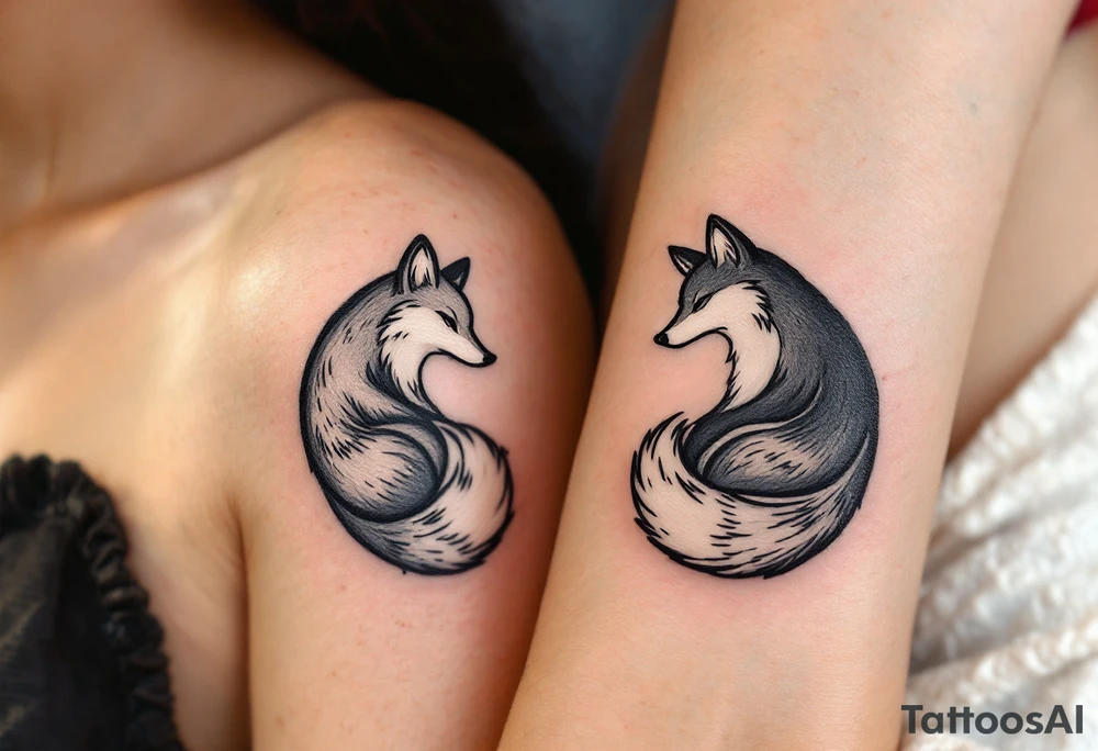 A black and white yin-yang formed by curled foxes on each partners shoulder. tattoo idea