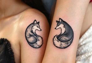 A black and white yin-yang formed by curled foxes on each partners shoulder. tattoo idea