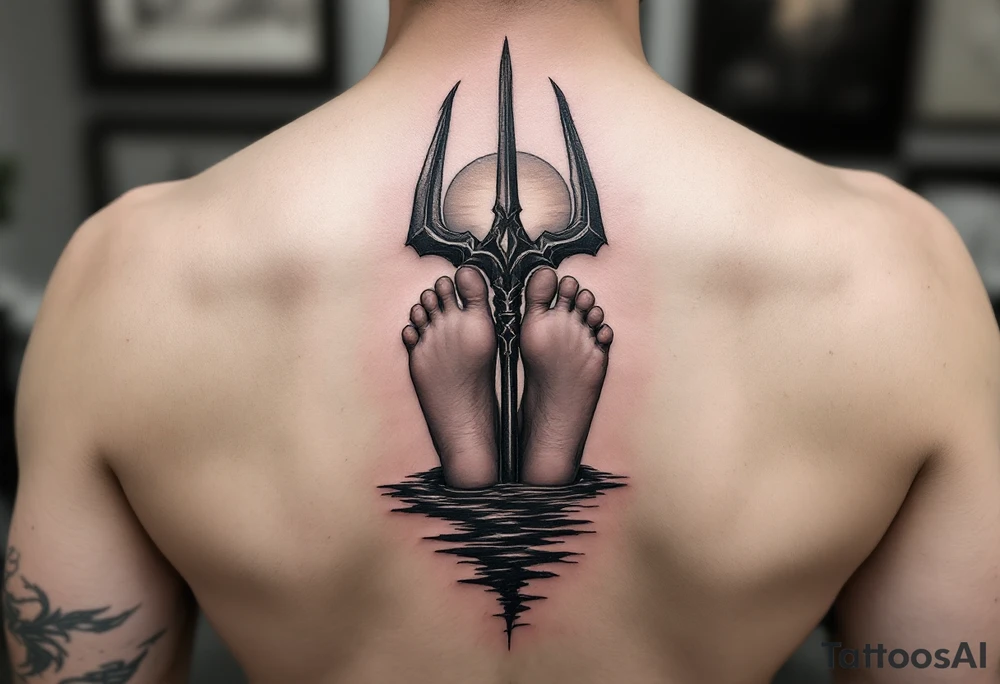 barefeet behind trident with water and sunset tattoo idea