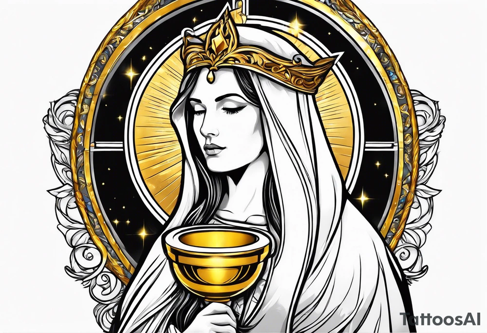 holy saint woman with golden halo holding a chalice tattoo idea