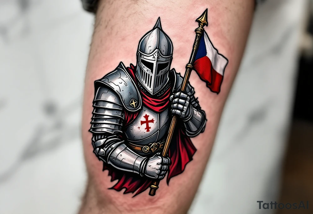 A knight in medieval armor holding a Czech flag, inspired by Hussite warriors, with battle-worn silver and red tones. tattoo idea