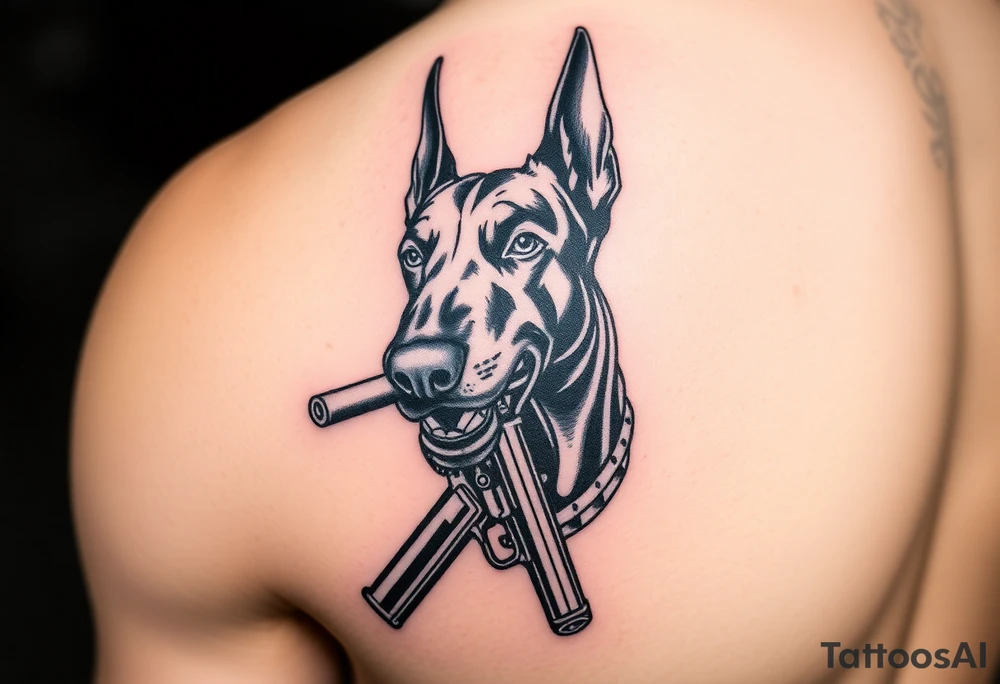 Doberman with a ciggaret in mouth with a gun tattoo idea