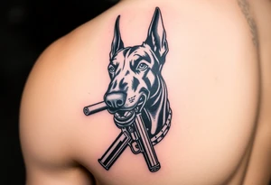 Doberman with a ciggaret in mouth with a gun tattoo idea