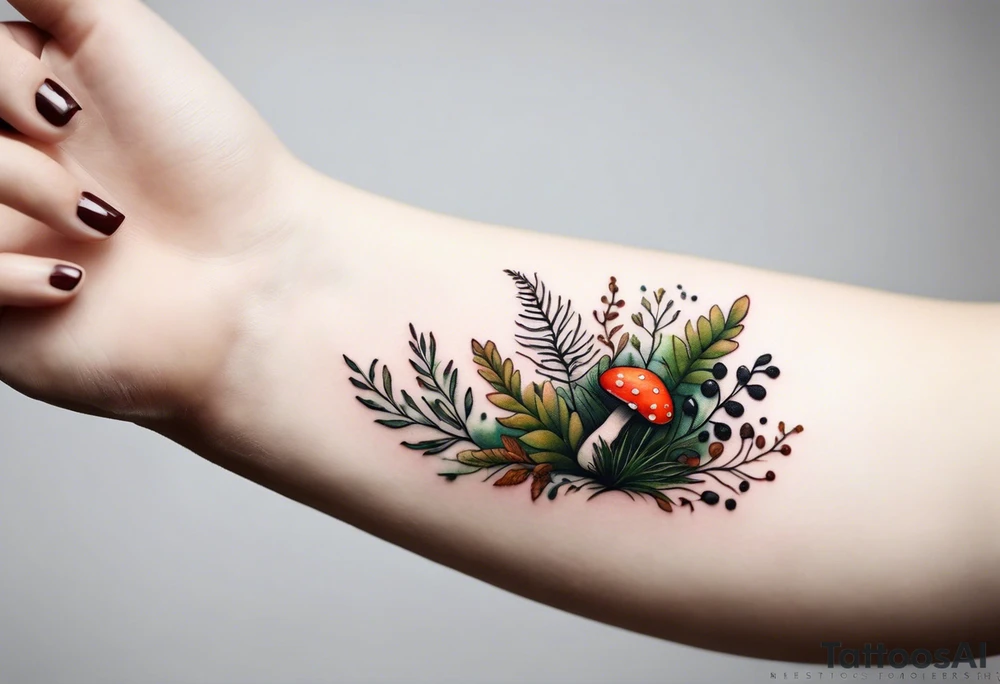 minimalistic forest floor inspired tattoo, which includes grass, moss, curly ferns and dead leaves as the bulk of the tattoo. details to include: forest berries, couple of very small brown mushrooms, a tiny bumblebee flying nearby tattoo idea