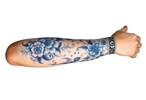 porcelain blue style with ornate and floral decor with a detailed banded border at the wrist and elbow. add animal decor also tattoo idea