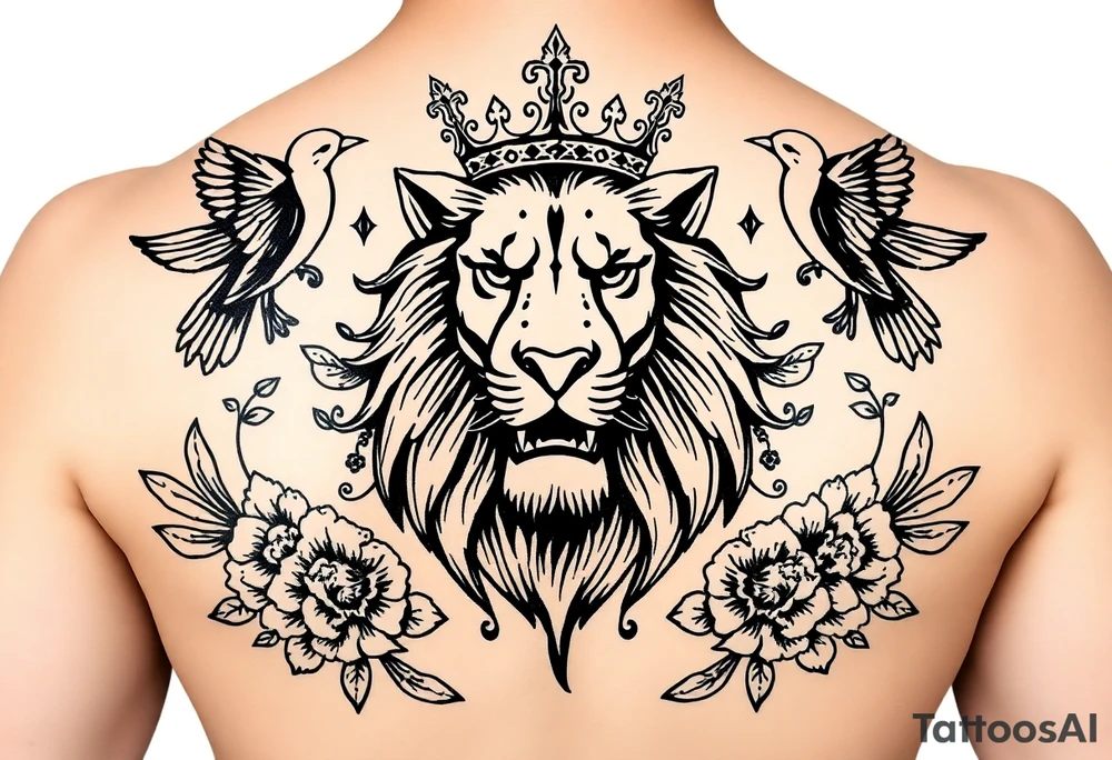 powerful majestic lion with a crown, surrounded by floral ornaments and birds tattoo idea