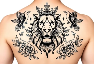powerful majestic lion with a crown, surrounded by floral ornaments and birds tattoo idea