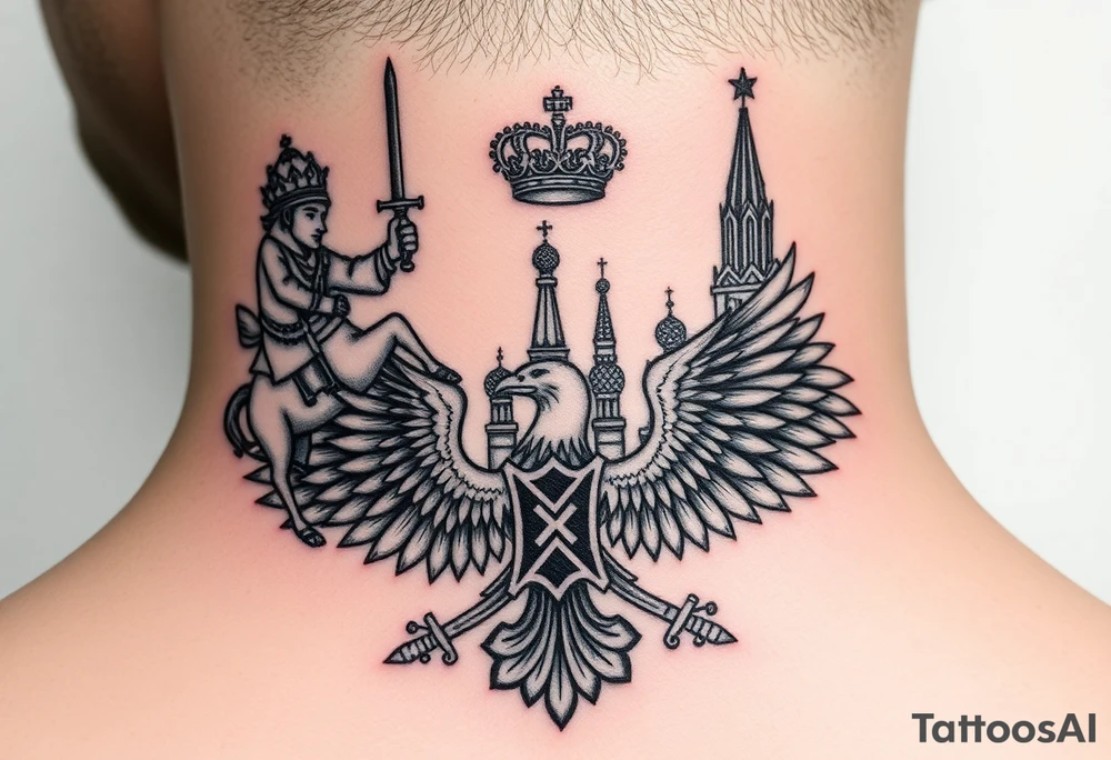 St. George slaying the dragon (hugely common in Russian Orthodox art)
Russian imperial crown above the eagle
Crossed swords or a Russian sabre
The Kremlin or St. Basil's Cathedral scene tattoo idea
