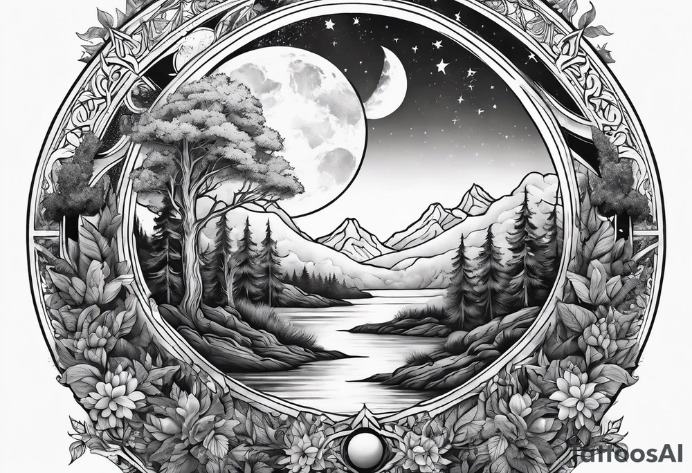 Sun and moon and fire forrest tattoo idea