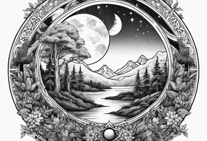 Sun and moon and fire forrest tattoo idea
