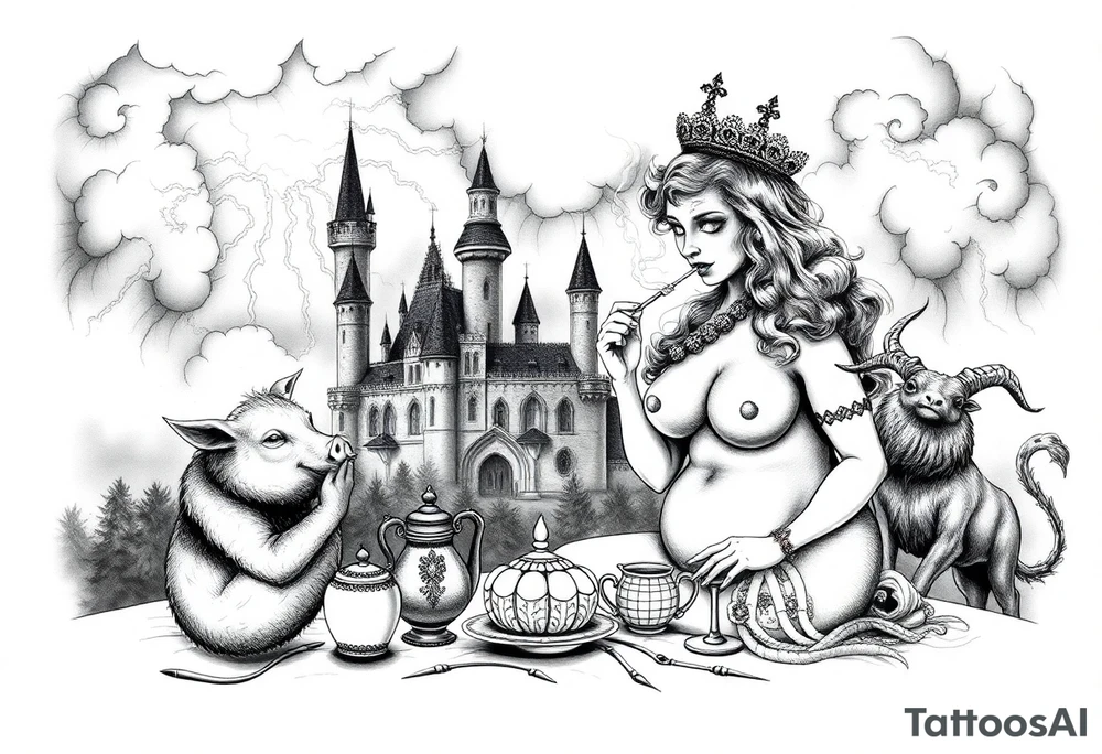 Storm lightening clouds gothic sexy naked fat lady having a tea party with tea pot and medieval castle
with a pig, peacock, noose, lion, goat, smoking cigerettes looking in the mirror having sex with a man naked eating a cake thru storm clouds with razor blades and broken hearts and darkness and wrath, envy , gluttony, greed, sloth, pride kill tattoo idea
