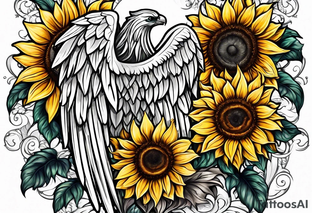 Sunflowers and angel wings leg sleeve tattoo idea