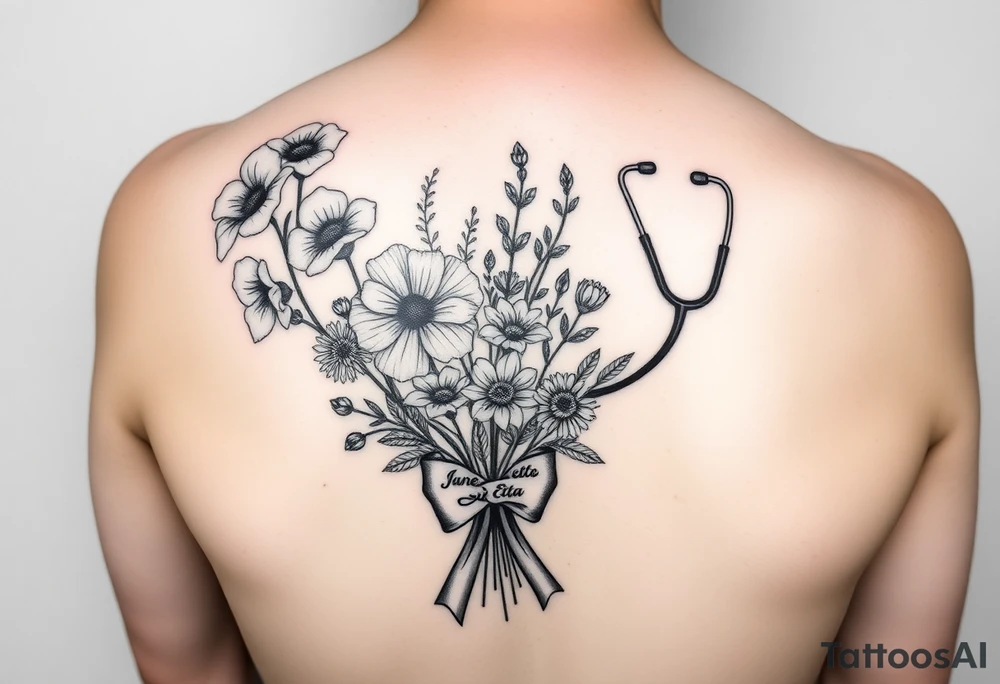 Half arm sleeve tattoo of 3 hollyhock flowers, one wild rose, 5 wild flowers in a bouquet with ribbon bow towards the bottom like the just got picked. On the ribbon include three names: June Etta, Roxy, Rosalie. Next the bouquet put a full realistic stethoscope tattoo idea