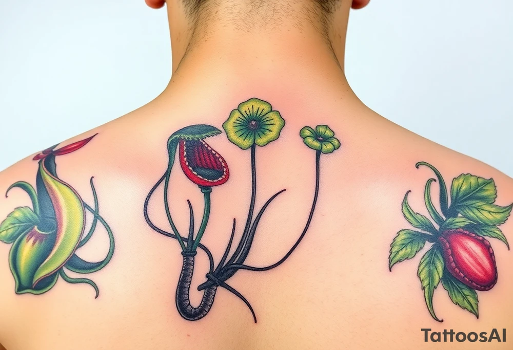 carnivorous plants neck, chest, back, and arm sleeves
I want these spots covered in these plants, ranging from venus fly traps to others
Make it masculine looking, I want it to look kinda like a plant guide book tattoo idea