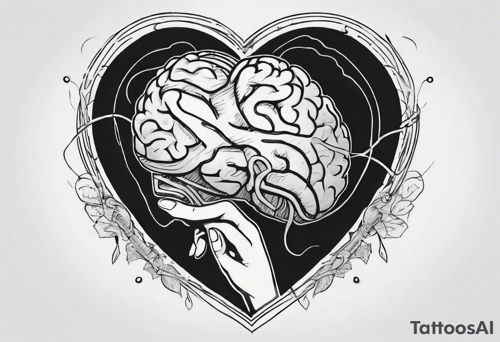 Heart and brain in line art, held down by a woman's hand holding them by string tattoo idea