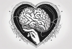 Heart and brain in line art, held down by a woman's hand holding them by string tattoo idea