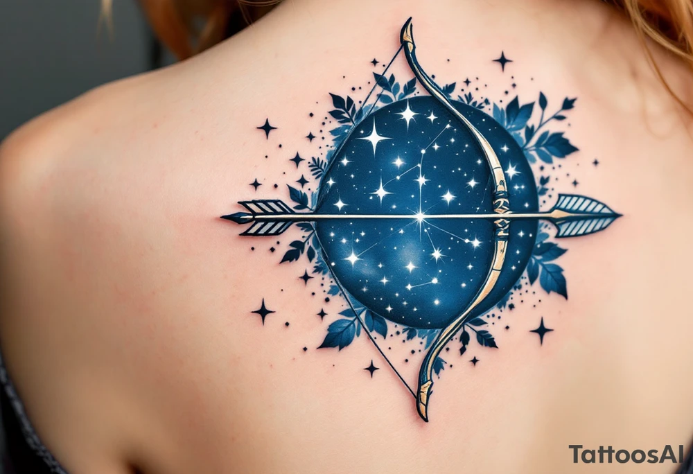 A bow and arrow with the Sagittarius star constellation embedded surrounded by midnight blue. tattoo idea