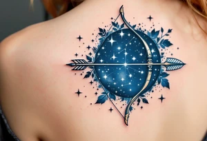 A bow and arrow with the Sagittarius star constellation embedded surrounded by midnight blue. tattoo idea