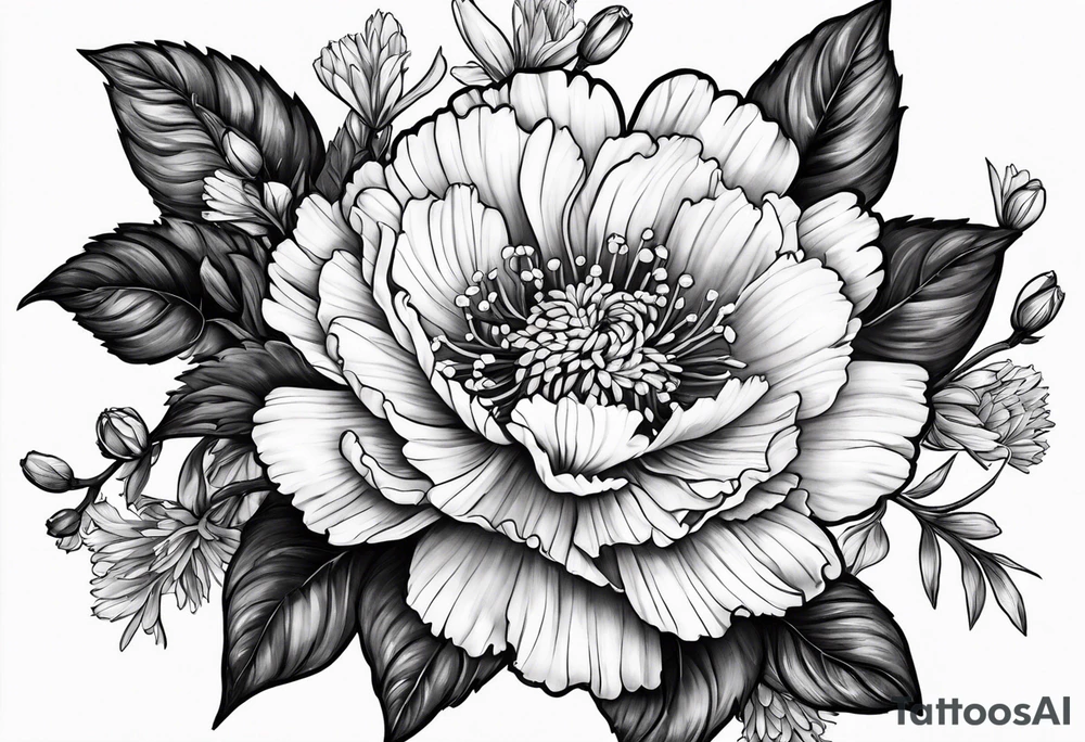 Carnation aster and violet blossom flat lay tattoo idea