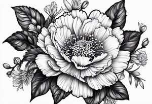 Carnation aster and violet blossom flat lay tattoo idea