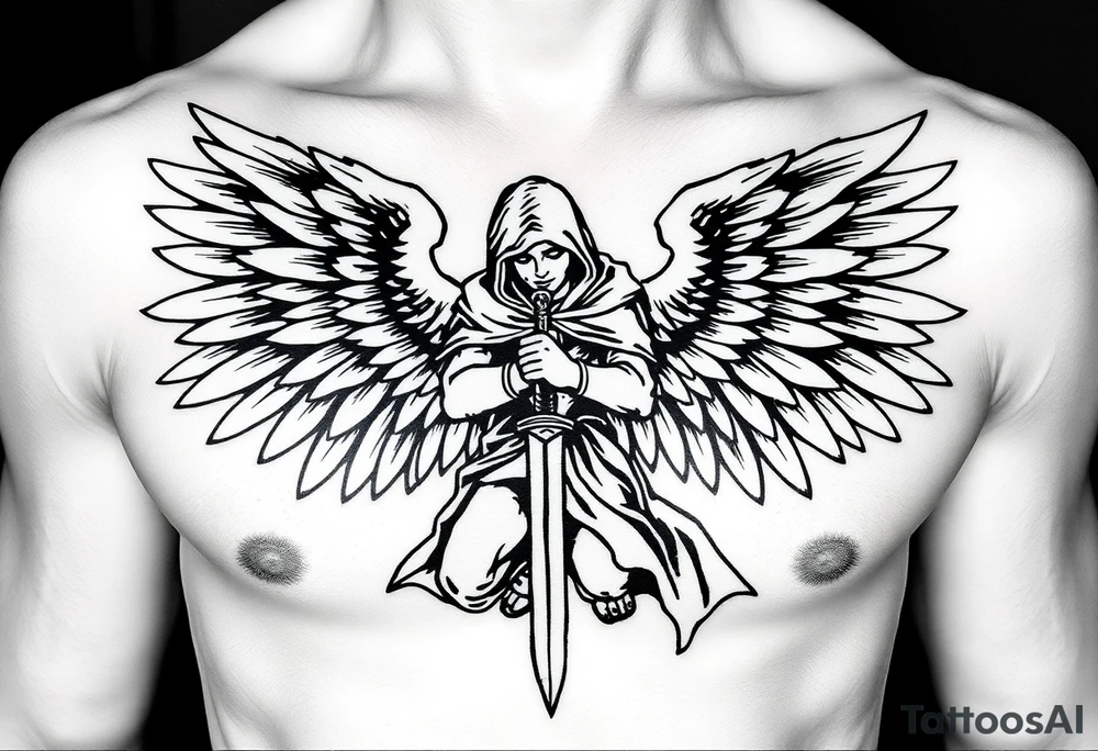 Warrior Angel with long sword  kneeling looking down cloak over head wings
 spread tattoo idea