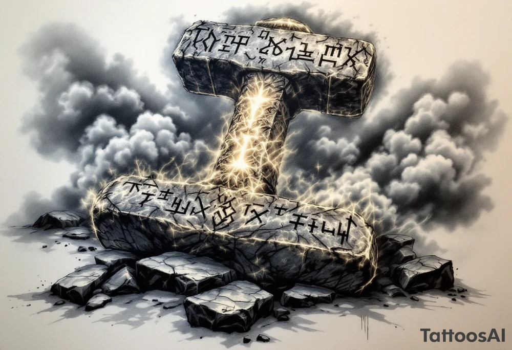 A massive Mjölnir hammer resting on a stone, ancient runes glowing on its surface, surrounded by storm clouds tattoo idea