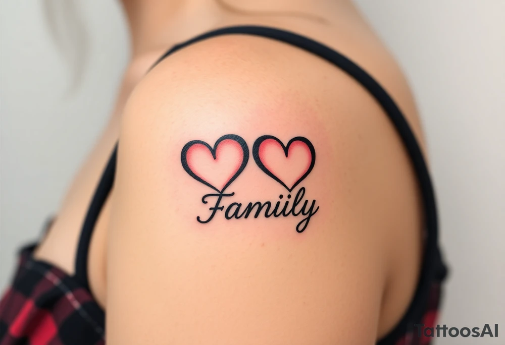 An infinity symbol with two hearts at each end, representing the couple and children, with the word "family" written in flowing script, showing the endless bond tattoo idea